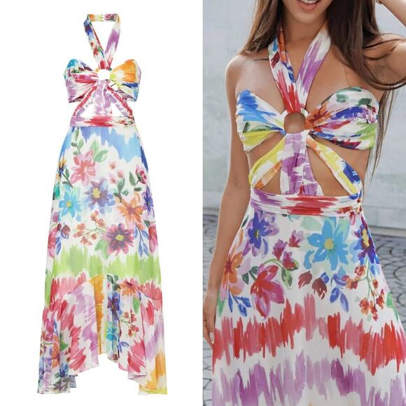 PatBO Bloom Dress Floral Print Cutout Sleeveless Halter Neck Maxi Multicolor 10 - Picture 2 of 10